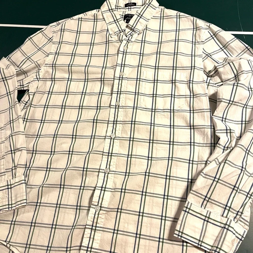 J. Crew White Button-Down Shirt with Blue and Green Plaid
